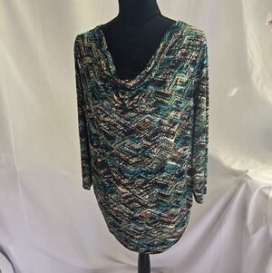 Susan Graver woman L 3/4 sleeve pullover top abstract print shirt, round drappy